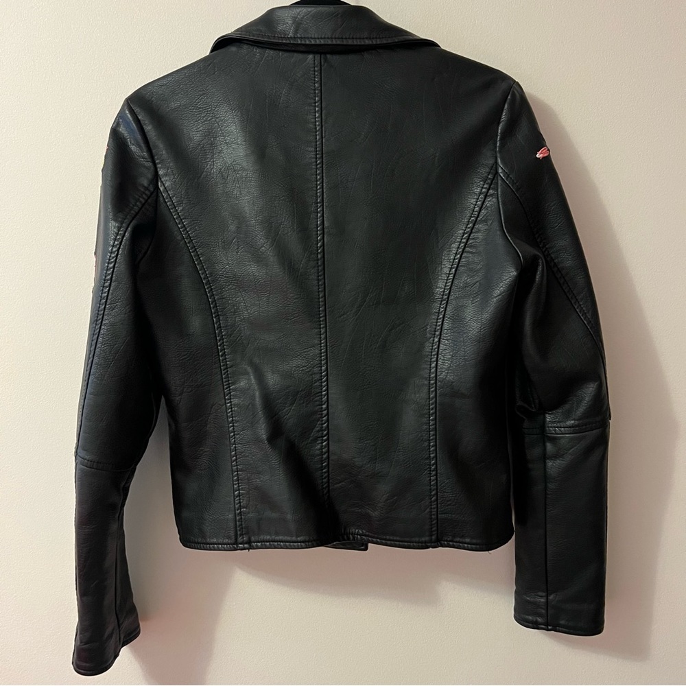 Holly Bracken Moto Faux Leather Jacket - black with floral embroidery - size M - Picture 3 of 9